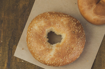 Delicious bagel top view, flat flay