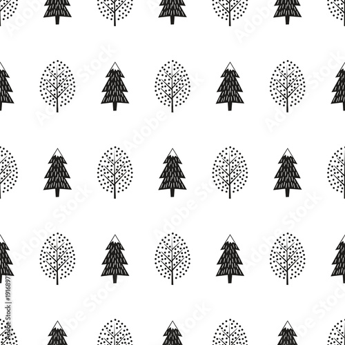 Black and white cute winter trees seamless pattern. Simple
