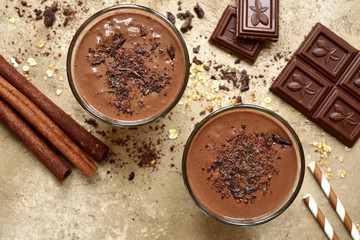 Chocolate banana smoothie with cinnamon.Top view .