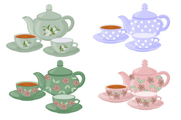 Teapots and cups with different patterns.