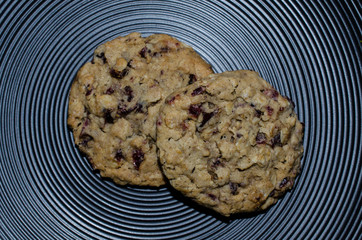 Delicious hearty rustic Oatmeal Cranberry Cookies.  Tasty sweet satisfying treat, plate of fresh baked cookies.