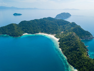 Fototapeta premium Aerial view from a drone of beautiful Nyaung Oo Phee island on sunny day in Myanmar.