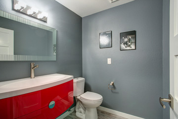 Grey and red bathroom design in a freshly renovated home.