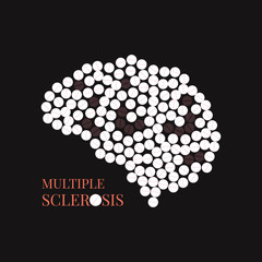 Multiple sclerosis awareness poster with brain made of pills on black background. MS awareness sign. Side view. Medical solidarity day concept. Vector illustration.