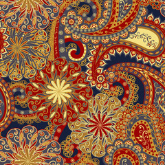 Abstract vintage pattern with decorative flowers, leaves and Paisley pattern in Oriental style.