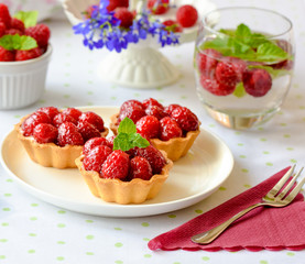 Mini tarts with raspberries fruits