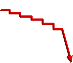 Fototapeta premium Red arrow step down direction with staircase, 3d illustration isolated on white background with clipping path