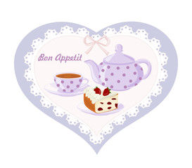 Background with teapot, Cup and cakes. Card with lace in polka dot in the frame heart.