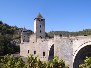Fototapeta na wymiar Europe, France, Midi Pyrenees, Lot, the historic Pont Valentre fortified bridge over the Lot River at Cahors