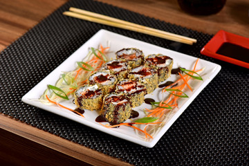 Fried sushi with sweet sauce