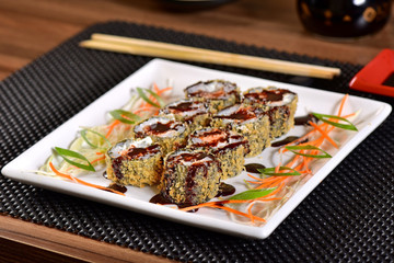 Fried sushi with sweet sauce