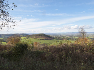 First signs of autumn colour on Uley Bury iron age hill fort, Cotswolds, Gloucestershire, UK