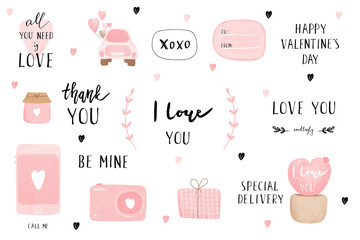 Valentine's Day set of elements, overlays, wreaths. Template for sticker pack, vector illustration