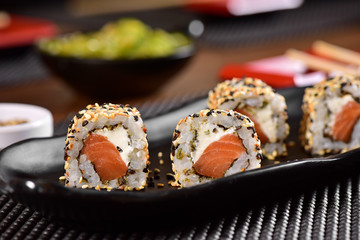 Salmon and cream cheese sushi rolls