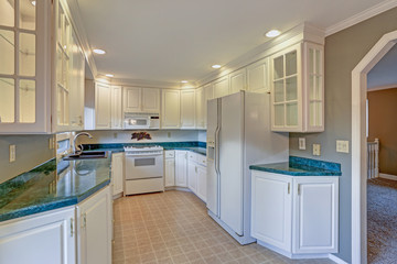 Freshly renovated kitchen room with white cabinetry