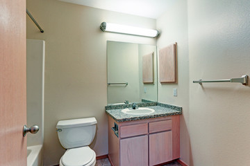 Bathroom with light wood vanity cabinet