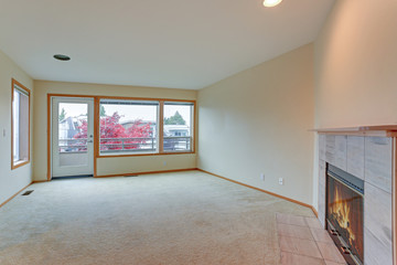 Living room features wood burning fireplace.