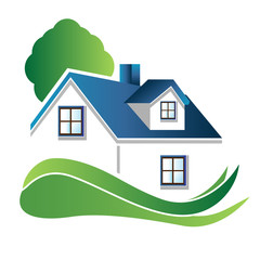 Real estate blue house and tree logo vector