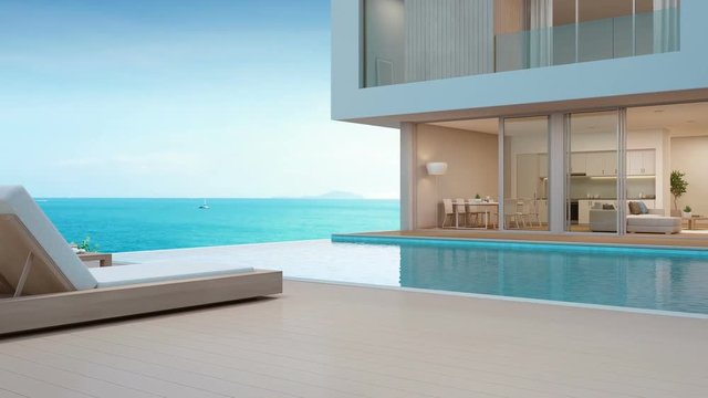 Luxury beach house with sea view swimming pool and terrace in modern design, Lounge chairs on wooden floor deck at vacation home or hotel - 3d illustration of contemporary holiday villa exterior