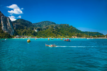 Fototapeta na wymiar Boats at Ton Sai bay in Ko Phi Phi island, Thailand.