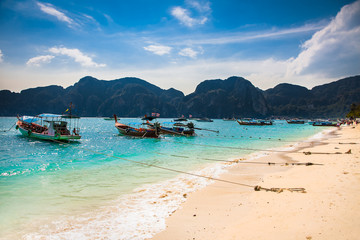 Boats at Viking beach in Ko Phi Phi island , Thailand.
