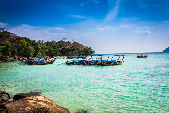 Boats at Viking beach in Ko Phi Phi island , Thailand.
