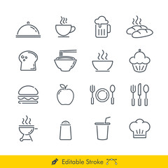 Food Related Icons / Vectors Set - In Line / Stroke Design (Breakfast, Lunch, Dinner)