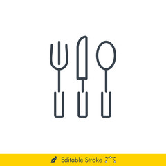 Eating Utensils Icon / Vector - In Line / Stroke Design (Fork, Knife, Spoon)