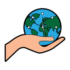 earth globe clock in hand safety concept vector illustration