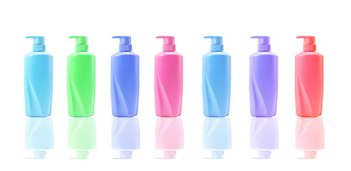 Blank plastic pump Set light blue, green, violet, pink, blue, purple, red isolated on white background.