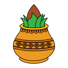 vessel with coconut leaves for hindu ritual purna kalasha vector illustration