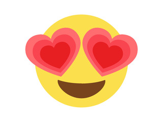 Isolated vector yellow happy face with red heart eyes flat icon