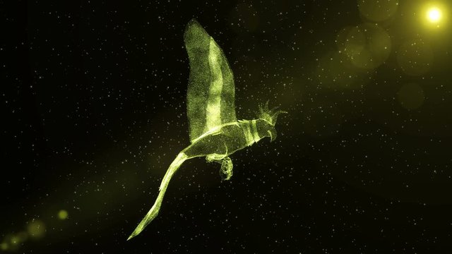 Parrot in flight, glowing abstract bird flying through particles, fantasy 3D animation
