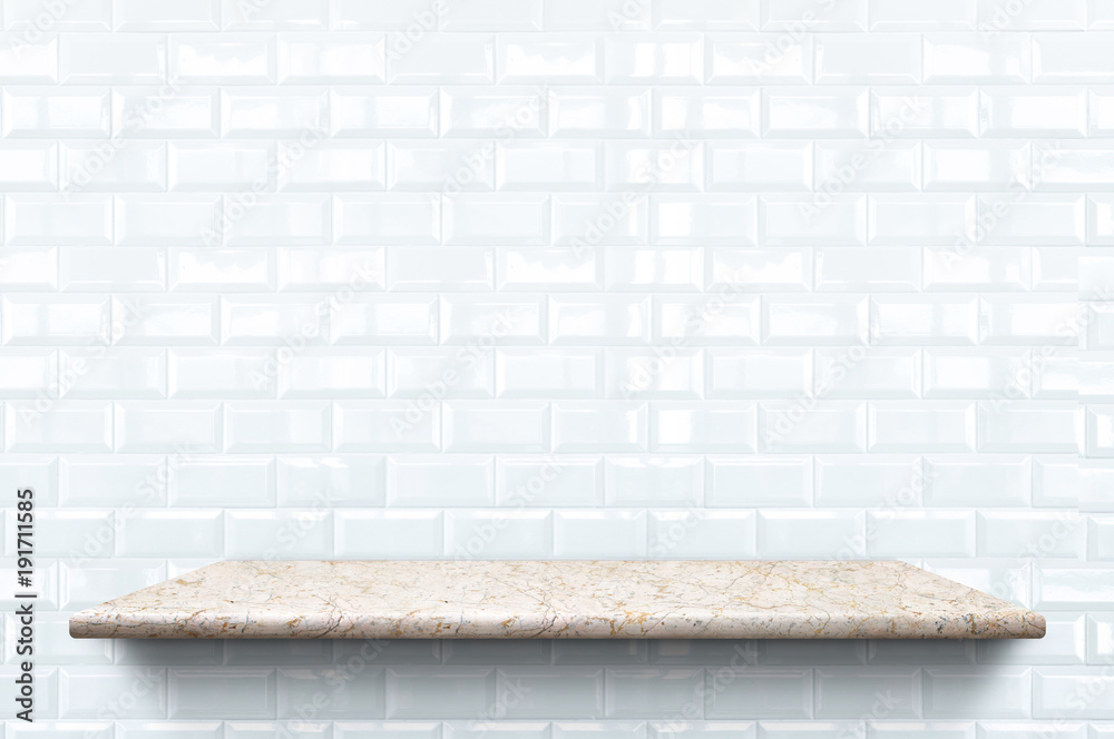 Poster empty marble shelf at white ceramic tile wall pattern background,mock up for display or montage of p