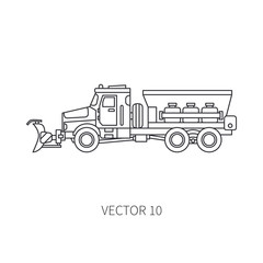 Line flat vector icon construction machinery snowplower truck tipper. Industrial style. Corporate cargo delivery. Snow remove shovel. Commercial transportation. Business. Diesel power. Illustration.