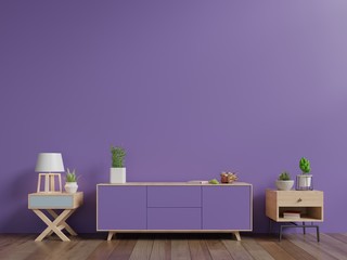 Tv cabinet with plants and lamp have wall ultra violet color of the year 2018 ,3D rendering