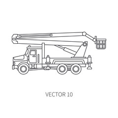 Line flat vector icon construction machinery truck auto crane. Industrial style. Corporate cargo delivery. Lift. Commercial transportation. Building. Business. Engineering. Diesel. Illustration design