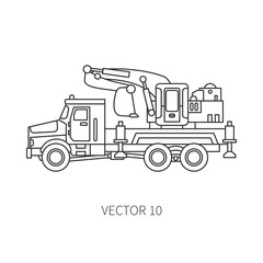Fototapeta premium Line flat vector icon construction machinery truck excavator. Industrial style. Corporate cargo delivery. Commercial transportation. Building. Business. Engineering. Diesel. Illustration for design.