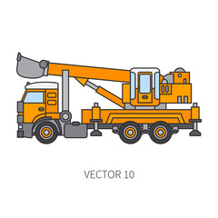 Color flat vector icon construction machinery truck excavator. Industrial style. Corporate cargo delivery. Commercial transportation. Building. Business. Engineering. Diesel. Illustration for design.