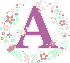 Fototapeta na wymiar initial letter a with decorative flowers and design elements isolated on white background. can be used for baby name, nursery decoration, spring themes or wedding invitation.