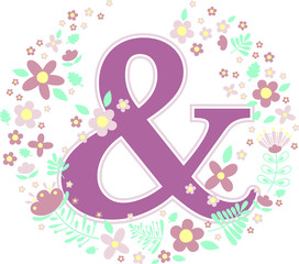 initial letter ampersand with decorative flowers and design elements isolated on white background. can be used for nursery decoration, spring themes or wedding invitation.