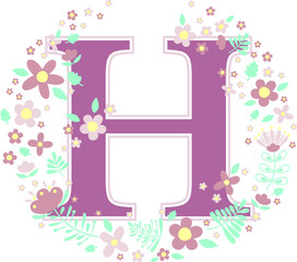 initial letter h with decorative flowers and design elements isolated on white background. can be used for baby name, nursery decoration, spring themes or wedding invitation.