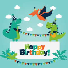 Fototapeta premium Happy birthday - lovely vector card with funny dinosaurs