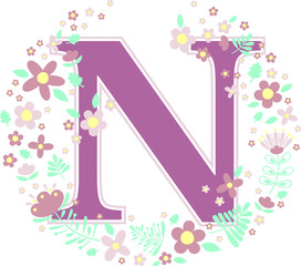 Fototapeta na wymiar initial letter n with decorative flowers and design elements isolated on white background. can be used for baby name, nursery decoration, spring themes or wedding invitation.
