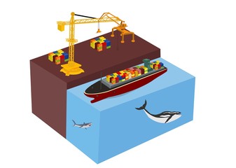 Port crane and bulk carrier isometric concept  vector illustration. Shipping theme.