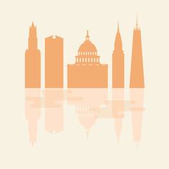 Silhouettes of famous buildings and modern buildings in the USA.