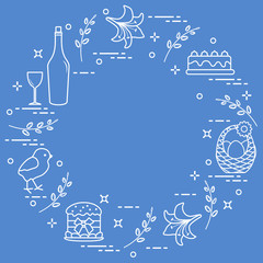 Different Easter symbols arranged in a circle: simnel cake, chick, lily, baskets, eggs and other.