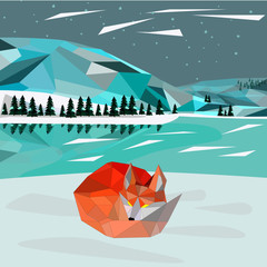 Cute red fox lying on the background of winter landscape vector Illustration, cartoon style