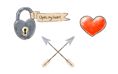 Hand drawn design romantic elements for Valentines day. Padlock and Open my heart on the ribbon, red heart and vintage arrows. Vector illustration.