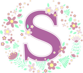 initial letter s with decorative flowers and design elements isolated on white background. can be used for baby name, nursery decoration, spring themes or wedding invitation.